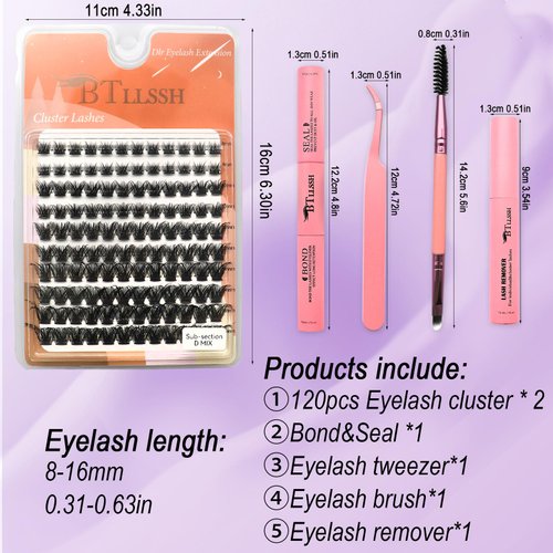 BTLLSSH Lash Extension Kit DIY 240pcs Lash Clusters Eyelash Extension Kit Individual Lashes Kit with Lash Bond & Seal Remover Lash Tweezers for Self Use (003A-0.31-0.63INCH-sub-sectionD)