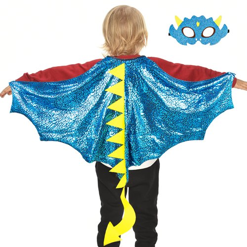 iROLEWIN Shiny Dragon-Costume Wings for Kids and Dinosaur Dress-Up Mask, Boys Girls Halloween Costumes Dino Birthday Party Favors(Blue)