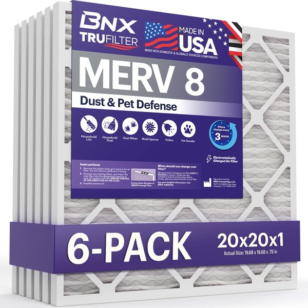 BNX TruFilter 20x20x1 Air Filter MERV 8 (6-Pack) - MADE IN USA – Dust & Pet Defense Electrostatic Pleated Air Conditioner HVAC AC Furnace Filters for Dust, Pet, Mold, Pollen MPR 600 – 700 & FPR 5