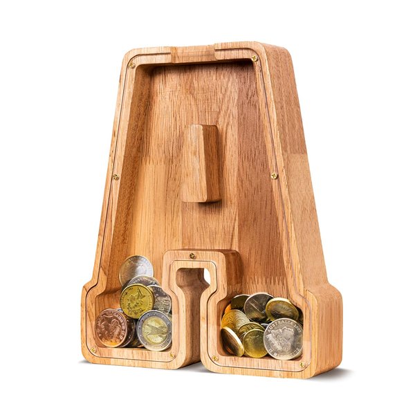 ELX Wooden Piggy Bank, Piggy Bank for Kids, Unbreakable Wooden Letter Piggy Bank,Wood Letter Money Saving Box, Gift for Kids (A)