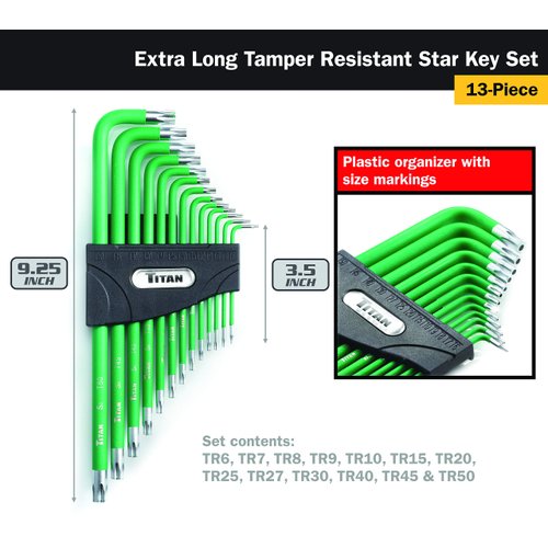 Titan 12715 Extra-Long Arm Tamper Resistant Star Key Set - 13 Piece , Green