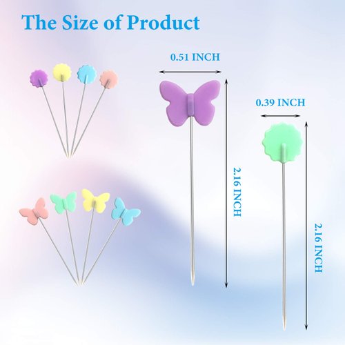 200pcs Sewing Pins Flat Head Straight Pins with Butterfly and Flower Colored Heads, Long 2.16inch Quilting Pins for Dressmaker, Craft, Sewing Project and DIY Decoration (Butterfly and Flower)