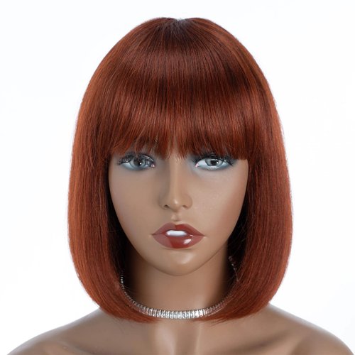 DÉBUT Reddish Brown Short Bob Wigs with Bangs Straight Human Hair Glueless Non Lace Front Wigs Br...