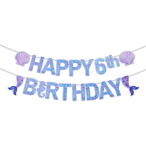 Pre-Strung Mermaid 6th Birthday Banner for Mermaid Birthday Decorations - NO DIY - 6th Mermaid Party Decorations,6th Mermaid Party Supplies（3rd-7th）