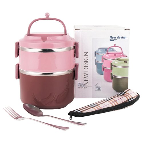SANQIAHOME 2 Tier Stackable Stainless Steel Lunch Box Sealed(pink, 2 layers)