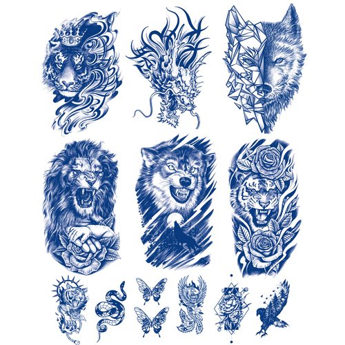 PADOUN Animal Temporary Tattoos - 12 Sheets of Semi-Permanent Waterproof Stickers Featuring Wolf, Tiger, Lion, and Dragon Designs, Long-Lasting for Men, Women, and Kids