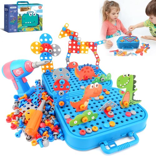 Fiveisix 298Pcs Dinosaur Toy Magic Montessori Play Toolbox for Kids, 2D/3D Creativity Tool Box with Drill, Design and Drill Montessori Toys for 3 4 5 Year Old, Toddler Tool Set Kids Workbench playset