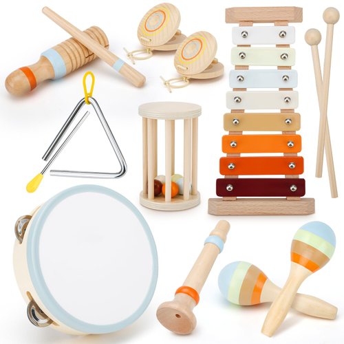 Toddler Musical Instruments, Musical Toys for Toddlers 3+, Montessori Wooden Percussion Set, Kids Musical Instruments, Orff Instruments with Xylophone Tambourine Maracas for Kids Musical Learning Toys