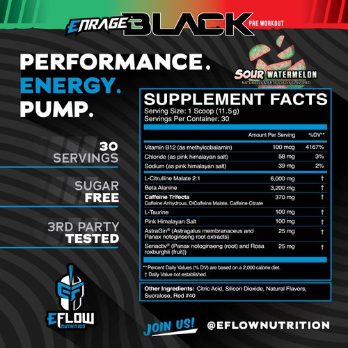 eFlow Nutrition Enrage Black High Stimulant Pre Workout Supplement - Preworkout Powder to Boost Energy, Pumps and Strength - 4 Flavors (30 Servings) (Sour Watermelon)