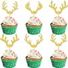 24 PCS Christmas Deer Antler Cupcake Toppers Glitter Merry Christmas Deer Cupcake Picks Wedding Hunting Rustic Birthday Cake Decorations for Baby Shower Birthday Christmas Party Supplies Gold