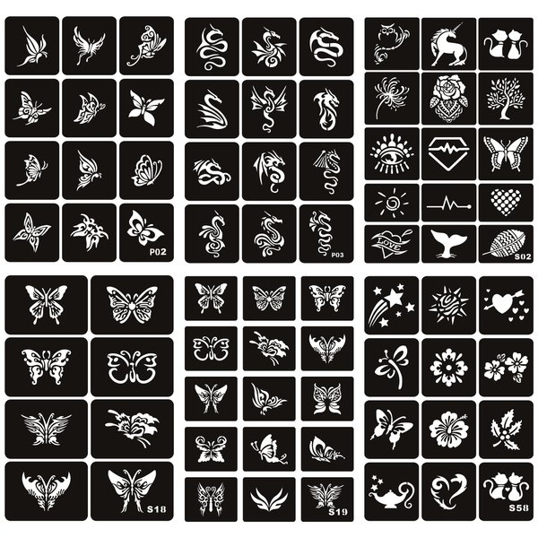 Butterfly Flower Dragon Temporary Tattoo Stencils - 6 Sheets Glitter Henna Tattoo Templates for Women, Boys, and Girls Body Art