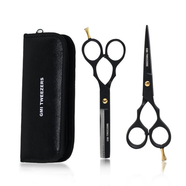 GMI-TWEEZERS™-Hair Cutting Scissors for Professionals, and Home Use -Professional Barber Scissors-Hair Scissors for Men and Women-thinning Shears for Hair Cutting Set-Pack of 2 (Black)