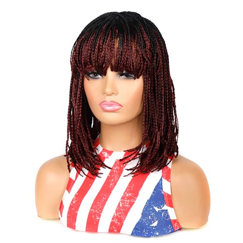 Burgundy Short Bob Wigs Wine Red Braided Wigs for Black Women Synthetic Short Black Ombre Burgundy Box Braided Wig With Bangs Fringe Braid Half Wig Short Bob Black Burgundy Braided Wigs (1BTBUG)