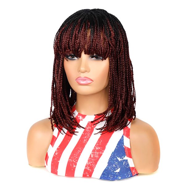 Burgundy Short Bob Wigs Wine Red Braided Wigs for Black Women Synthetic Short Black Ombre Burgundy Box Braided Wig With Bangs Fringe Braid Half Wig Short Bob Black Burgundy Braided Wigs (1BTBUG)