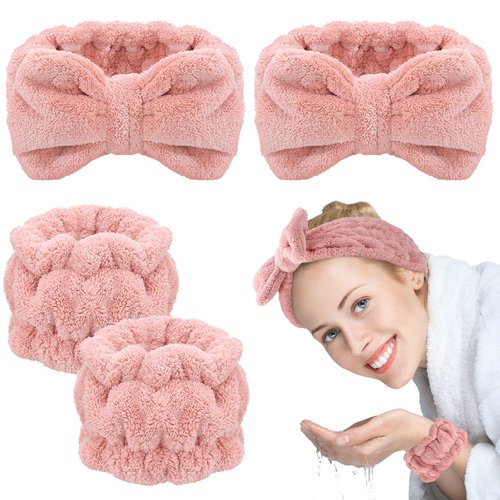 Chuangdi 4 Pcs Spa Headband Wrist Washband Scrunchies Cuffs for Washing Face, Towel Wristbands Hair Headband Face Wash Wristband for Women Makeup Prevent Liquids from Spilling(Pink)