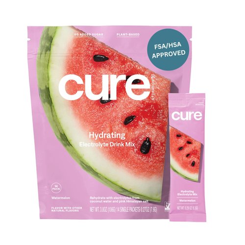 Cure Hydration | Plant-Based Electrolyte Drink Mix | No Added Sugar | Dehydration Relief Powder Made with Coconut Water | Non-GMO | Vegan | FSA & HSA | Pouch of 14 Packets - Watermelon