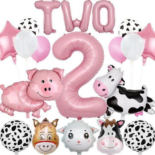 19 PCS Farm Animal Theme Party Balloons, Farm Cow Print Sheep Pig Donkey Mylar Foil Balloons Baby Shower Boy Girl 2nd Birthday Party Decor Supplies (2nd)