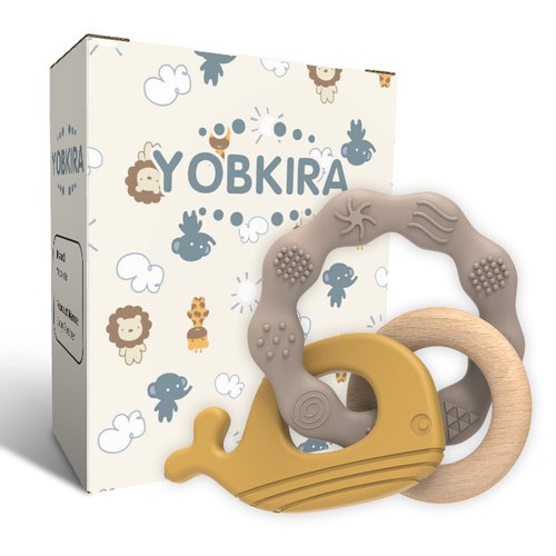 Yobkira Natural Wood & Silicone Teether Ring with Gift Package，Baby Teething Toys Best for Babies 3 Months UP，Cute Whale，100% Food-Grade Silicone (Yellow)