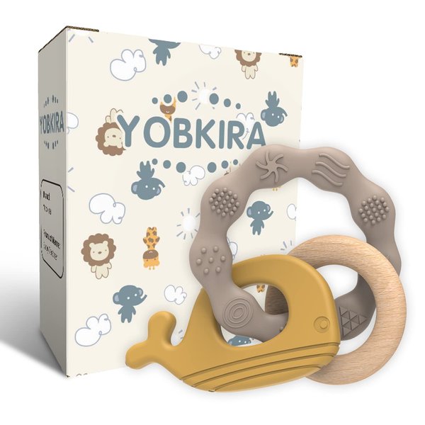 Yobkira Natural Wood & Silicone Teether Ring with Gift Package，Baby Teething Toys Best for Babies 3 Months UP，Cute Whale，100% Food-Grade Silicone (Yellow)
