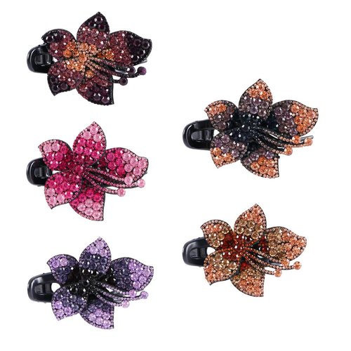5Pcs Rhinestone Flower Hair Claw Clips Glitter Crystal Plastic Duckbill Hair Clips Non-Slip Women Elegant Hair Barrettes for Thick Long Hair