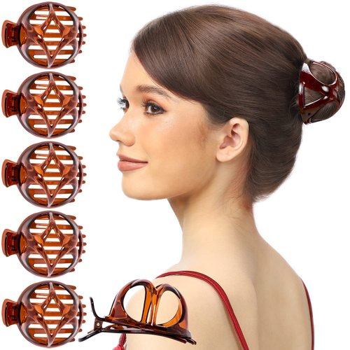 RC ROCHE ORNAMENT 6 Pcs Womens Round Classic Bun Maker Cover Side Slide Plastic No Slip Firm Secure Grip Styling Beauty Fashion Accessory Jaw Clamp Claw Hair Clip, Medium Brown