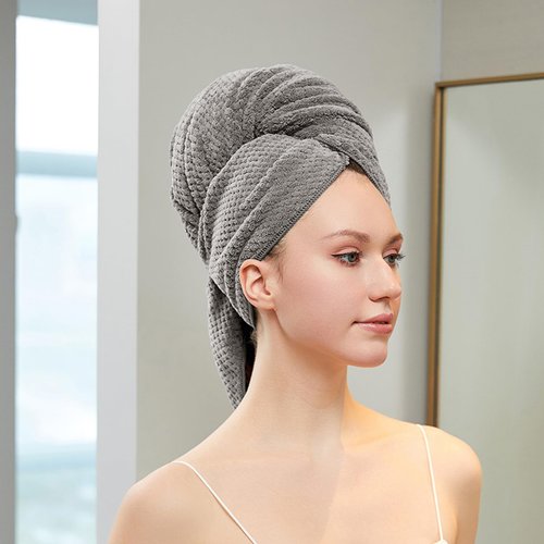 SURPRISE PIE Women Microfiber Hair Towel Wrap with Elastic Strap,Super Absorbent Anti Frizz Drying Turban for Curly, Long,Wet Hair- Grey