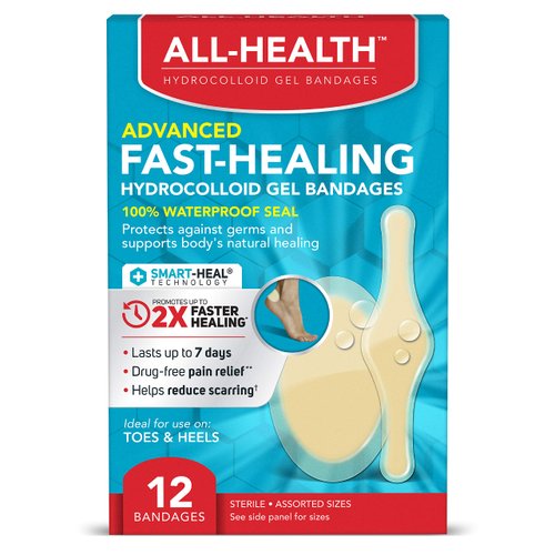 All Health Advanced Fast Healing Hydrocolloid Gel Bandages, Assorted Sizes, 12 ct | 2X Faster Healing for First Aid Blisters or Wound Care