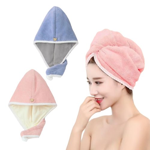 ALPELA Microfiber Hair Towel Wrap for Women, 2 Pack Coral Velvet Turban, Anti Frizz Quick Drying Hair Turban, Super Absorbent Fast Dry for Curly Thick Long All Hair Style Types, Pink White & Blue Grey
