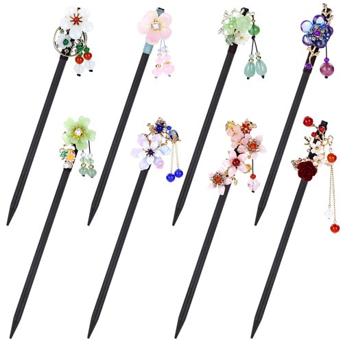 inSowni 8 Pieces Vintage Asian Chinese Traditional Hanfu Flower Wooden Hair Sticks Pins with Bead Pendants Hair Chopsticks Forks Bun Updo Holders for Women Girls