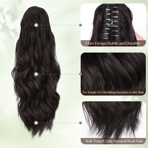 ALXNAN Ponytail Extension,16 Inch Claw Ponytail Hair Extensions for Women，Claw Clip in Long Wavy Synthetic Black Brown Ponytail Extension for Daily Use.