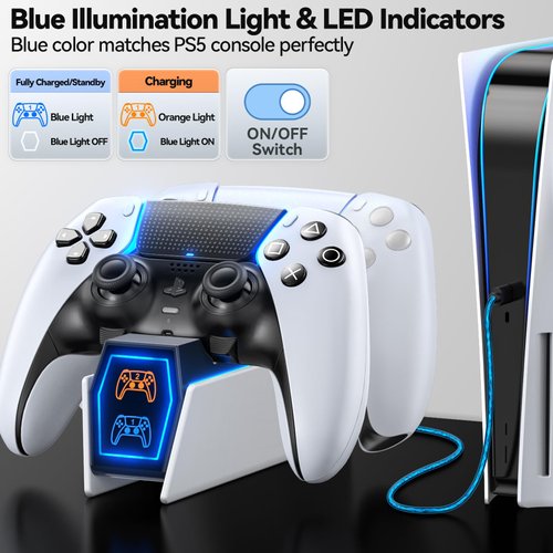 PS5 Controller Charger Station Compatible with Playstation 5 Skin Edge & Dual Controller, PS5 Accessories Charging Station with Charging Cable, PS5 Charging Dock Stand with LED Indicators, White
