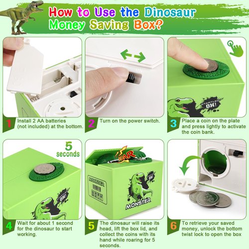 Piggy Bank for Kids, Fnny Money Coin Bank for Boys and Girls, Dinosaur Piggy Banks with DIY Stickers for Toddler Kids, Christmas Birthday Gift Idea for Boys 3-10 Years Old