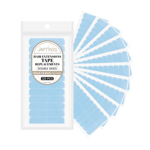 Jerriess Tape in tape Replacement for Hair Extensions, 120pcs Hair Extension Tape tabs, Double sided Adhesive tape, Easy to Apply &Remove with no residues(Blue,1.6 x0.3inch)