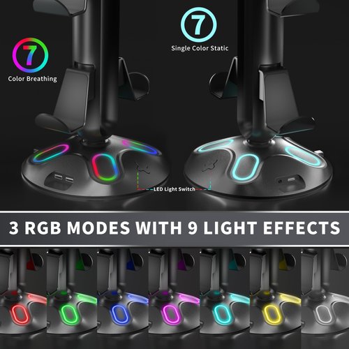 Gaming RGB Headphone Stand,Canmarin Controller Holder with 9 Light Modes - Headset Stand with 2 USB Charging Ports and 3.5mm & Type-C - Controller Stand Hanger Accessories for Desk and Gamer(Black) A