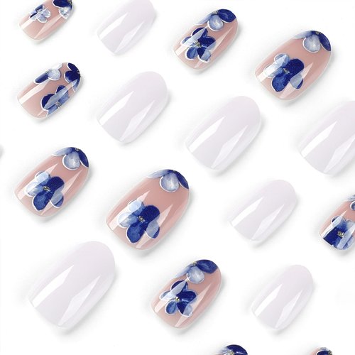 White Press on Nails Short Almond False Nails with Blue Flower Designs Nude Full Cover Acrylic Nails Press ons for Women 24 Pcs