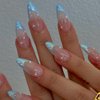 Press on Nails Almond Blue French Tip 24Pcs Glossy Full Cover Acrylic Medium Reusable Blue False Nails with Pearl Designs Natural Artificial Almond Fake Nails with Glue Stick on Fingernails for Women