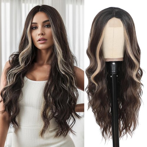 Long Brown Mixed Blonde Wigs for Women 26 inch Ombre Brown Highlights Hair Wig Middle Part Lace Wig Premium Protein Fiber Hair Replacement Wigs Costume Halloween Wig (24'' Brown Blonde Highlights)