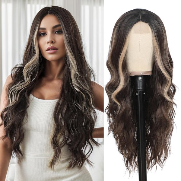 Long Brown Mixed Blonde Wigs for Women 26 inch Ombre Brown Highlights Hair Wig Middle Part Lace Wig Premium Protein Fiber Hair Replacement Wigs Costume Halloween Wig (24'' Brown Blonde Highlights)