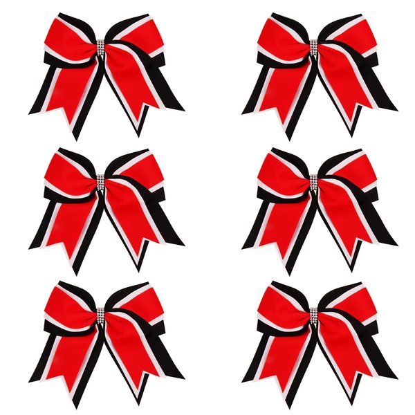 8 Inch 3 Colors 3 Layers 6 Pcs Cheerleader Bows Jumbo Cheerleading Bows Hair Elastic Hair Tie for High School College (Black/White/Red)