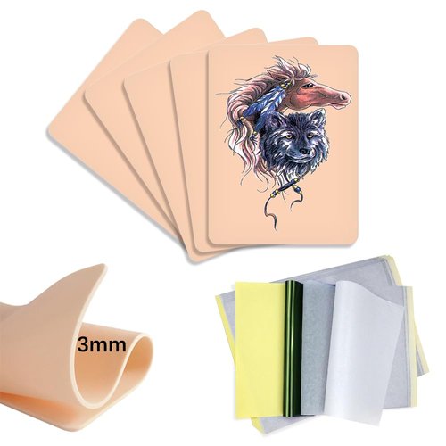 3MM Tattoo Skin with Transfer Paper- Gakonp 5pcs Fake Skin 15pcs Tracing Paper Tattoo Kit 3mm Thick Tattoo Practice Skin Double Sides Fake Tattoo Skin and Tattoo Stencil Paper Tattoo Supplies