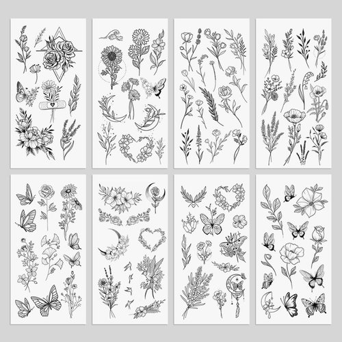 Oottati 50+pcs Floral Flower Temporary Tattoos Butterfly Rose Wave Leaf Bird Suit for Women and Girls
