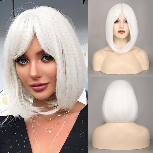 MORICA White Bob Wigs for Women Short Bob Wig with Bangs 14 inch Straight Wigs Soft Synthetic Full Wigs for Daily Party