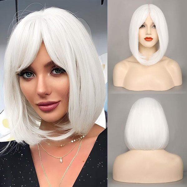 MORICA White Bob Wigs for Women Short Bob Wig with Bangs 14 inch Straight Wigs Soft Synthetic Full Wigs for Daily Party