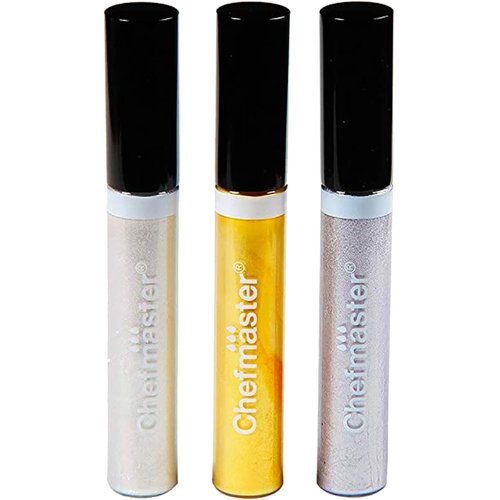 Chefmaster - Glitter Glaze Kit - Edible Glitter Paint - 3 Pack of 0.32 oz Tubes - Create Intricate Designs, Beautiful Glitter and Pearl Sheen, Pen-Sized Bottle With Brush Application - Made in the USA