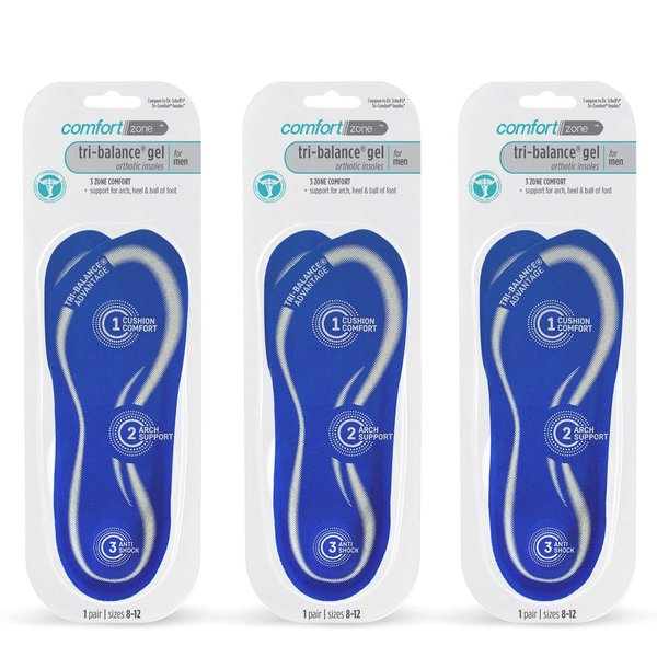 Comfort Zone Tri-Balance Gel Orthotic Insoles for Men, 3/4 Length Inserts for Menâ€™s Shoe Sizes 8-12, 1 Pair (Pack of 3)