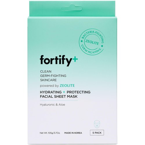Fortify Facial Sheet Mask - Hyaluronic Acid, Aloe, and Zeolite - Moisturizing & Anti Aging - Creates Protective Barrier - Vegan, Cruelty Free - Made in Korea - 5 Pack