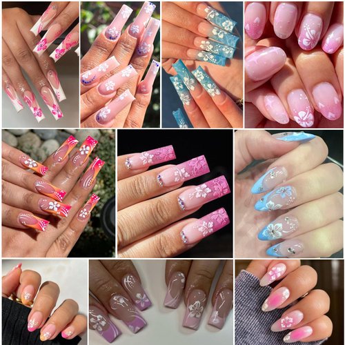 6Sheets Hibiscus Flower Nail Sticker 3D Self-Adhesive Nail Decals Pink Hibiscus Floral Petal with Gold Silver White Design French Tip Nail Stickers Spring Nail Supplies DIY Nail Decoration for Women