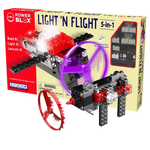 E-Blox Power Blox Light N' Flight 5-in-1 STEM Kit (58 Pieces), LED Light Up Building Blocks & Fan Launch Toy Set, Build 5 3D Structures, Great Science Project for Kids, Birthday Gift, Boys, Girls, 8+