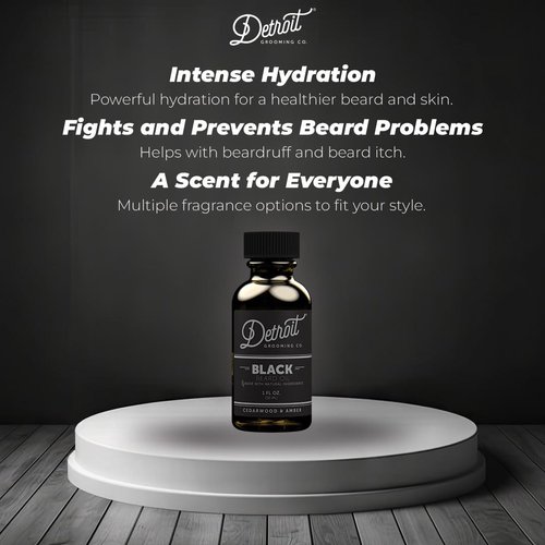 Detroit Grooming Co. Natural Beard Oil for Men-Nourishing & Organic Beard Moisturizer w/Sweet Almond Oil & Vitamin E - Softens, Boosts Growth -Cedarwood & Amber Scent- Black Edition - 1oz