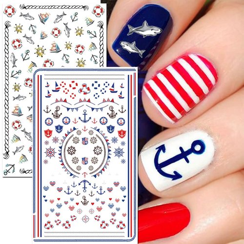 TailaiMei Summer Beach Nail Stickers, 1500+ Pcs Self-Adhesive DIY Nail Art Decals Shark Nautical Turtle Design (12 Sheets)